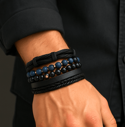 THE MEN THING Leather Bracelet TWILIGHT FORGE - 4 Pcs Genuine Braided Leather Bracelet Set for Men & Boys (8 inch)