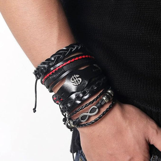 THE MEN THING Leather Bracelet URBAN DOLLAR -  5 Pcs Genuine Braided Leather Bracelet Set for Men & Boys (8 inch)