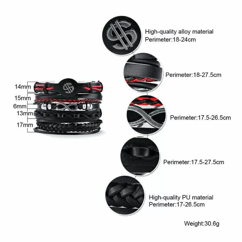 THE MEN THING Leather Bracelet URBAN DOLLAR -  5 Pcs Genuine Braided Leather Bracelet Set for Men & Boys (8 inch)