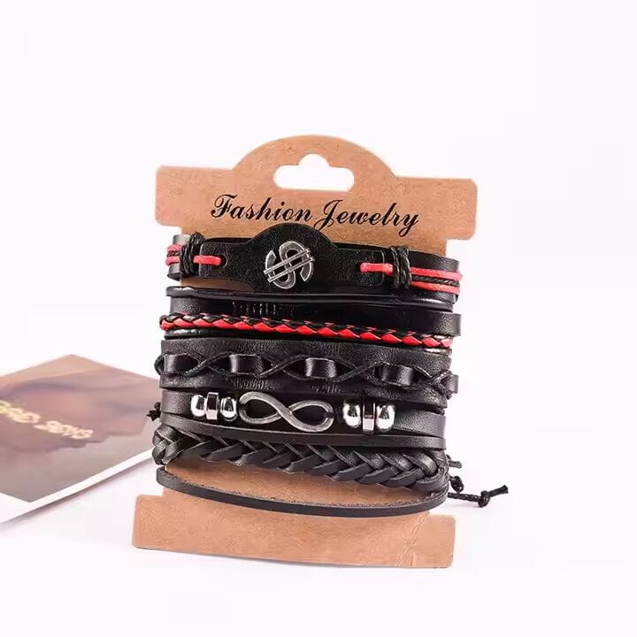 THE MEN THING Leather Bracelet URBAN DOLLAR -  5 Pcs Genuine Braided Leather Bracelet Set for Men & Boys (8 inch)