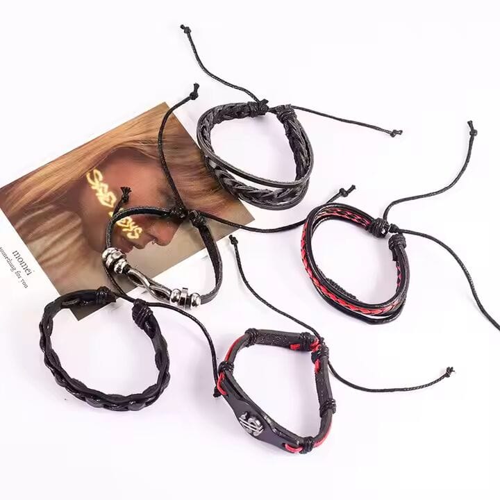 THE MEN THING Leather Bracelet URBAN DOLLAR -  5 Pcs Genuine Braided Leather Bracelet Set for Men & Boys (8 inch)