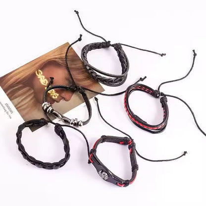 THE MEN THING Leather Bracelet URBAN DOLLAR -  5 Pcs Genuine Braided Leather Bracelet Set for Men & Boys (8 inch)
