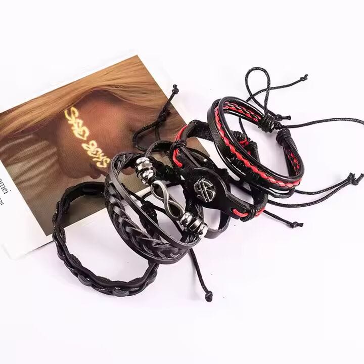 THE MEN THING Leather Bracelet URBAN DOLLAR -  5 Pcs Genuine Braided Leather Bracelet Set for Men & Boys (8 inch)