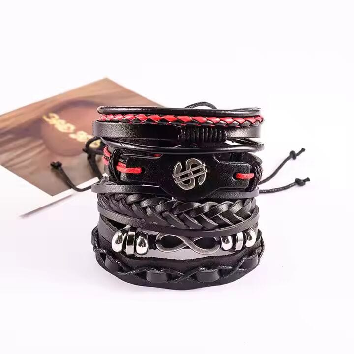 THE MEN THING Leather Bracelet URBAN DOLLAR -  5 Pcs Genuine Braided Leather Bracelet Set for Men & Boys (8 inch)