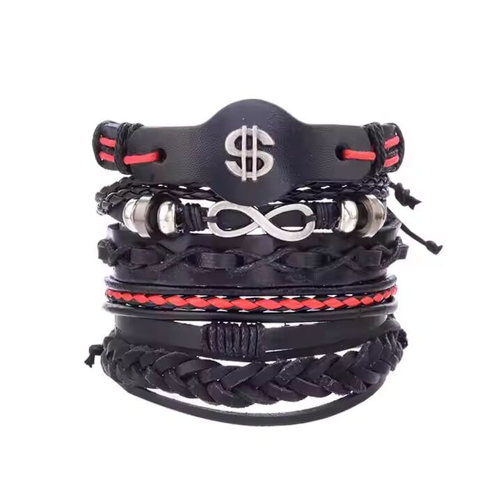 THE MEN THING Leather Bracelet URBAN DOLLAR -  5 Pcs Genuine Braided Leather Bracelet Set for Men & Boys (8 inch)
