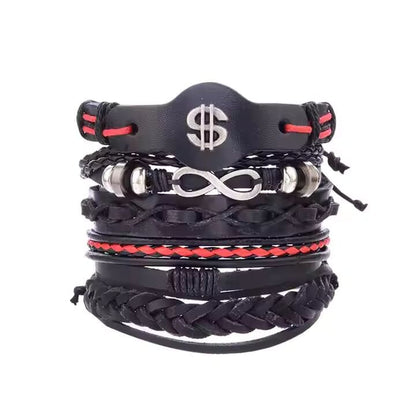 THE MEN THING Leather Bracelet URBAN DOLLAR -  5 Pcs Genuine Braided Leather Bracelet Set for Men & Boys (8 inch)