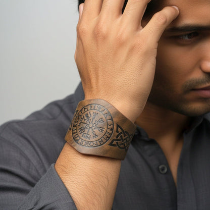 THE MEN THING Leather Bracelet VEGVISIR RUNIC - 50.7mm Brown Genuine Leather Adjustable Bracelet for Men & Boys (9.5 inch)