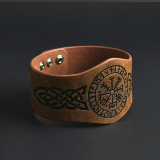 THE MEN THING Leather Bracelet VEGVISIR RUNIC - 50.7mm Brown Genuine Leather Adjustable Bracelet for Men & Boys (9.5 inch)