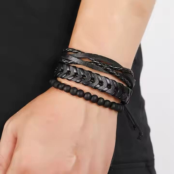 THE MEN THING Leather Bracelet VENOM CUFF - Multi-layer Genuine Braided Leather Bracelet Set for Men & Boys (8 inch)