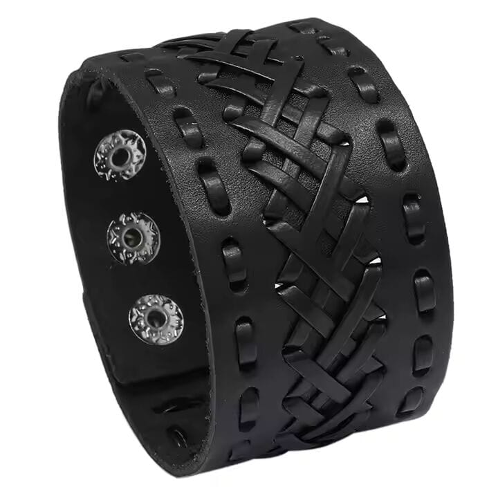 THE MEN THING Leather Bracelet VERTEX STRAP BLACK - Genuine Braided Leather Bracelet Set for Men & Boys (8 inch)