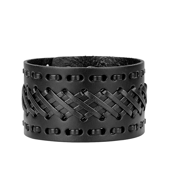 THE MEN THING Leather Bracelet VERTEX STRAP BLACK - Genuine Braided Leather Bracelet Set for Men & Boys (8 inch)