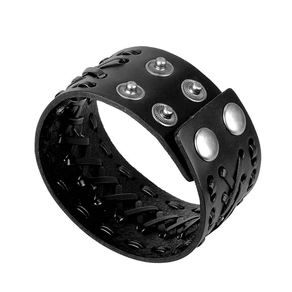 THE MEN THING Leather Bracelet VERTEX STRAP BLACK - Genuine Braided Leather Bracelet Set for Men & Boys (8 inch)