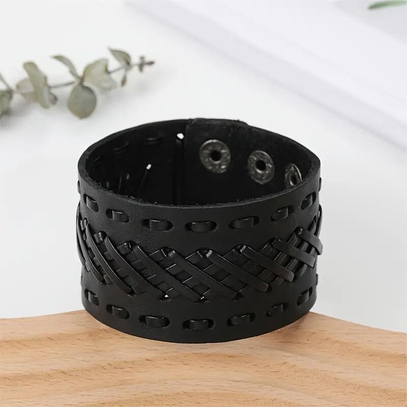 THE MEN THING Leather Bracelet VERTEX STRAP BLACK - Genuine Braided Leather Bracelet Set for Men & Boys (8 inch)