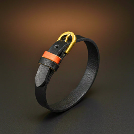 THE MEN THING Leather Bracelet VINTAGE LOOP - 10mm Black Genuine Leather Adjustable Bracelet for Men & Boys (9.8 inch)