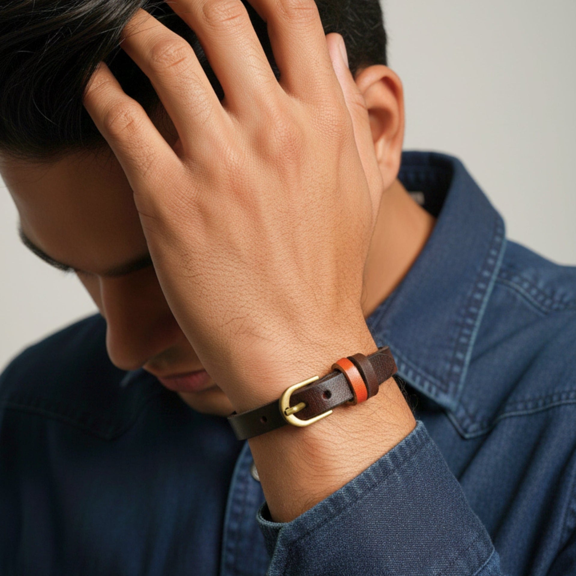 THE MEN THING Leather Bracelet VINTAGE LOOP - 10mm Dark Brown Genuine Leather Adjustable Bracelet for Men & Boys (8.8 inch)