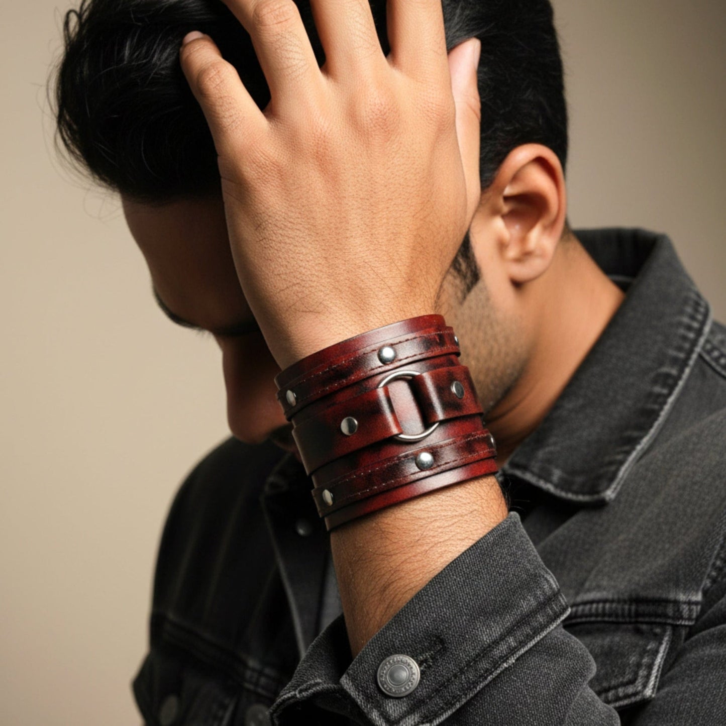 THE MEN THING Leather Bracelet VINTAGE REBEL - 70.8mm Brown Genuine Leather Adjustable Bracelet for Men & Boys (7.5-8.5-9 inch)