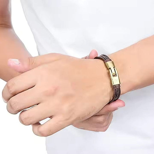 THE MEN THING Leather Bracelet WANDERER’S CUFF - Vintage Brown Genuine Braided Leather Bracelet Set for Men & Boys (8 inch)