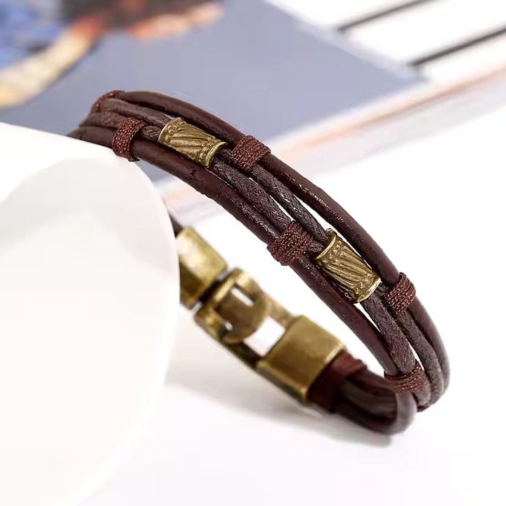 THE MEN THING Leather Bracelet WANDERER’S CUFF - Vintage Brown Genuine Braided Leather Bracelet Set for Men & Boys (8 inch)