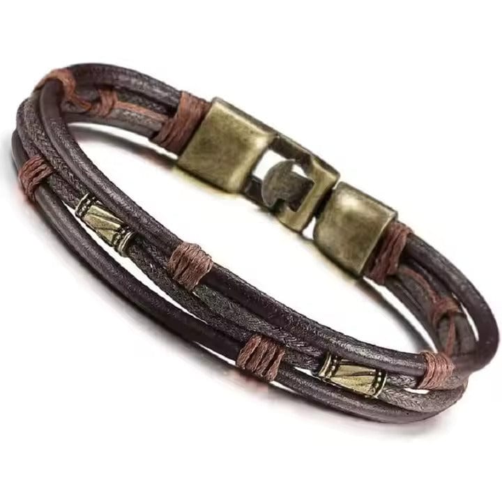 THE MEN THING Leather Bracelet WANDERER’S CUFF - Vintage Brown Genuine Braided Leather Bracelet Set for Men & Boys (8 inch)