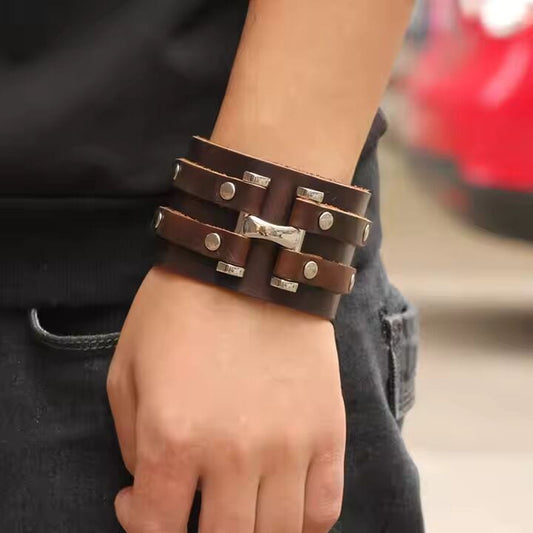 THE MEN THING Leather Bracelet WARFORGE BROWN BAND - Genuine Braided Leather Bracelet Set for Men & Boys (8 inch)