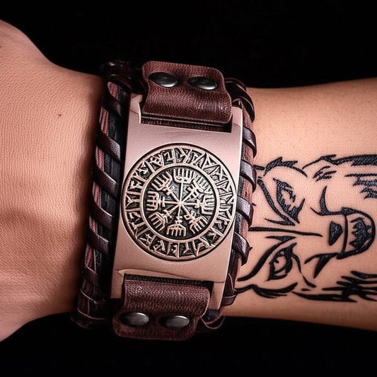 THE MEN THING Leather Bracelet WAYFINDER VIKING BROWN - "38"mm Wide Genuine Leather Adjustable Cuff Bracelet with Stainless Steel Hook for Men & Boys