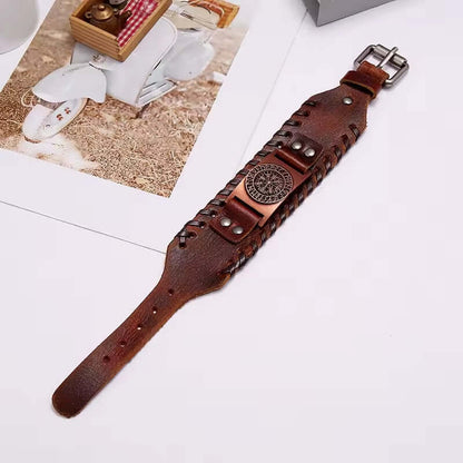 THE MEN THING Leather Bracelet WAYFINDER VIKING BROWN - "38"mm Wide Genuine Leather Adjustable Cuff Bracelet with Stainless Steel Hook for Men & Boys