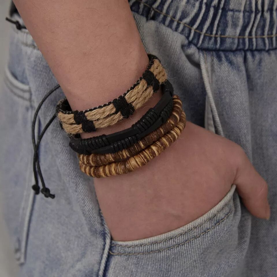 THE MEN THING Leather Bracelet WILDERNESS BAND -  4 Pcs Genuine Braided Leather Bracelet Set for Men & Boys (8 inch)