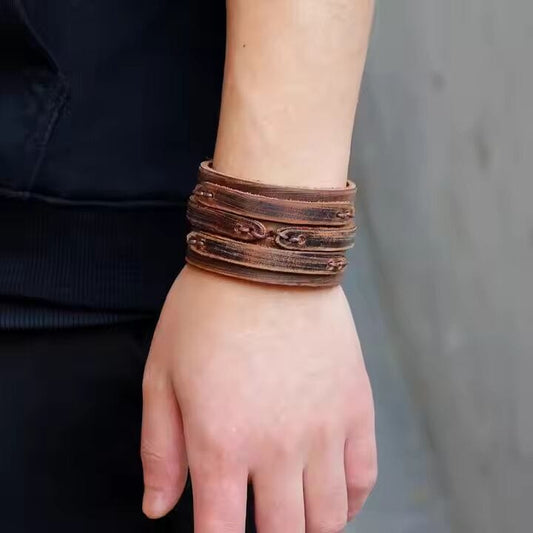 THE MEN THING Leather Bracelet WILDFIRE WRAP BROWN - Genuine Braided Leather Bracelet Set for Men & Boys (8 inch)