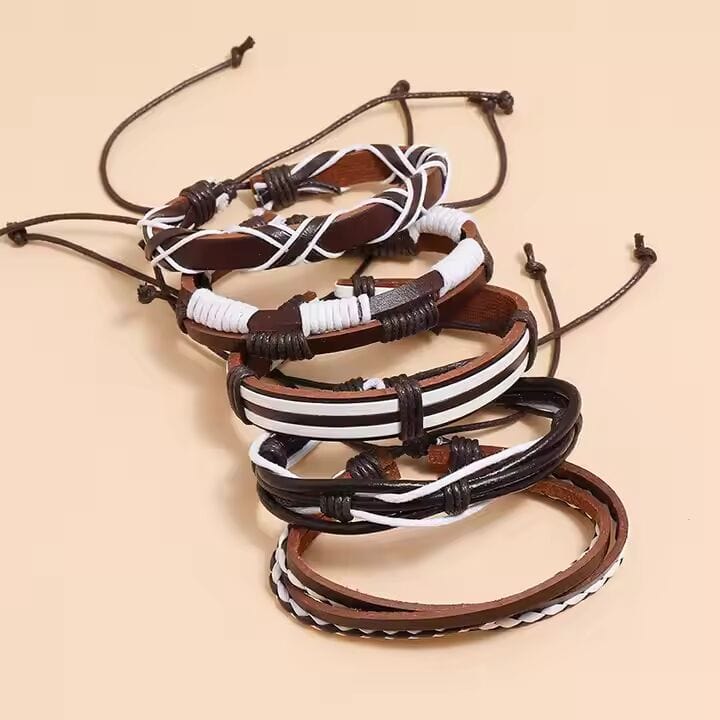 THE MEN THING Leather Bracelet WOLFBANE STRAPS -  5 Pcs Genuine Braided Leather Bracelet Set for Men & Boys (8 inch)