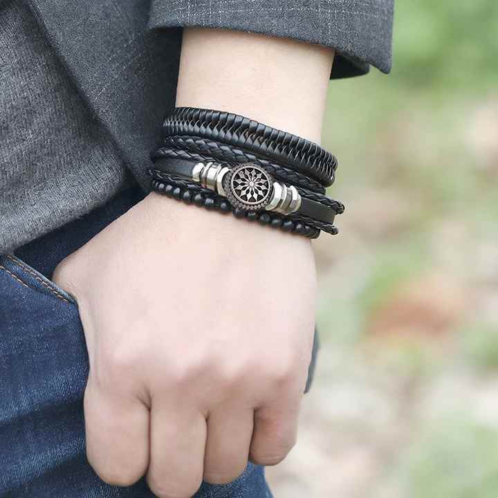 THE MEN THING Leather Bracelet ZEPHYR WEAVE - 4 Pcs Genuine Braided Leather Bracelet Set for Men & Boys (8 inch)