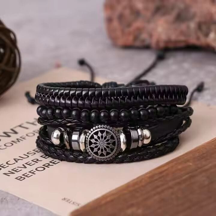 THE MEN THING Leather Bracelet ZEPHYR WEAVE - 4 Pcs Genuine Braided Leather Bracelet Set for Men & Boys (8 inch)