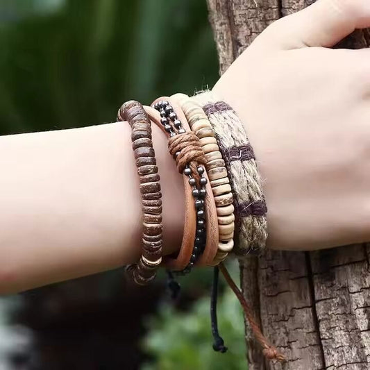 THE MEN THING Leather Bracelet ZULU BAND -  4 Pcs Genuine Braided Leather Bracelet Set for Men & Boys (8 inch)