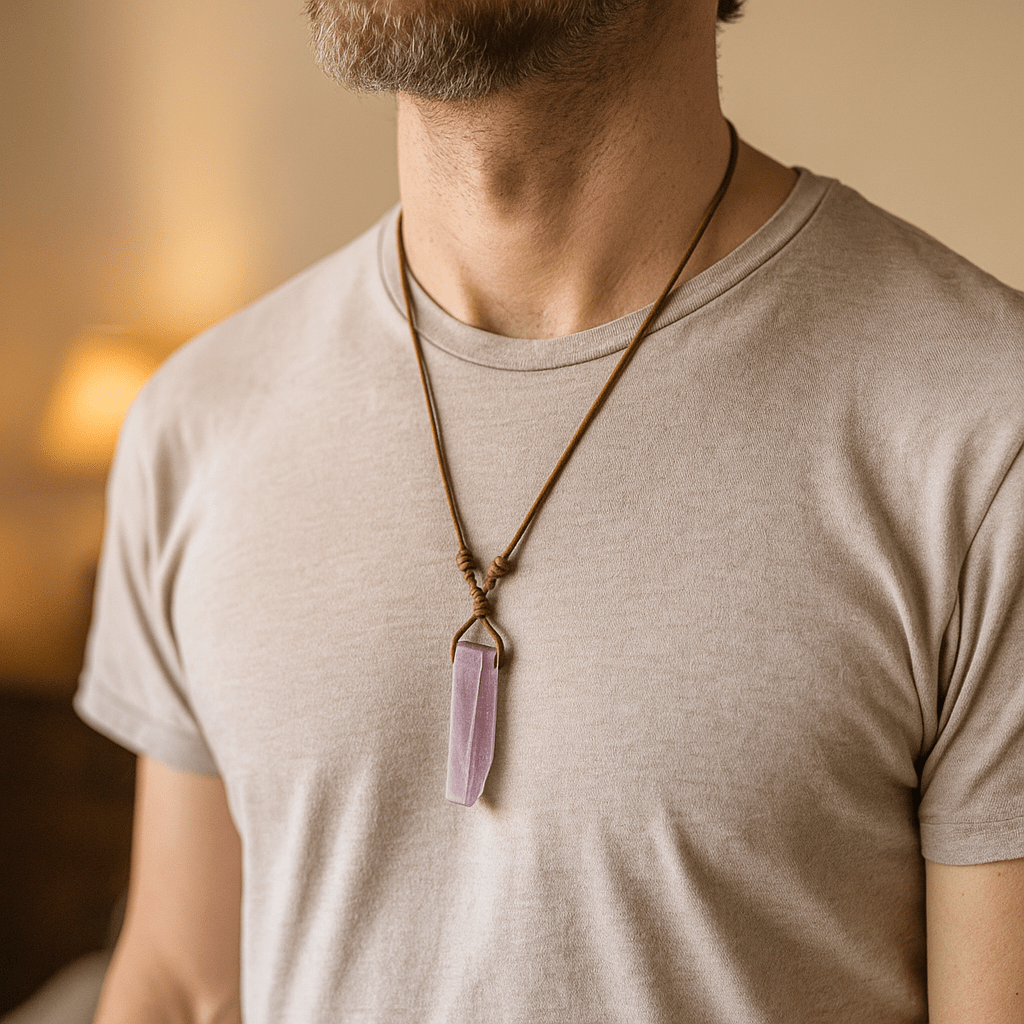THE MEN THING Leather Necklace AIKO CRYSTAL PENDANT - Natural Crystal Pendant with Adjustable Pure Leather Cord Necklace for Men & Boys