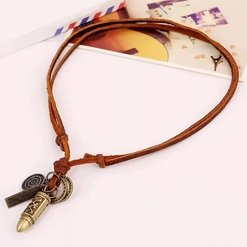 THE MEN THING Leather Necklace ANYTHING FOR YOU BROWN - Vintage Alloy Gold Bullet Pendant with Adjustable Pure Leather Cord Necklace for Men & Boys