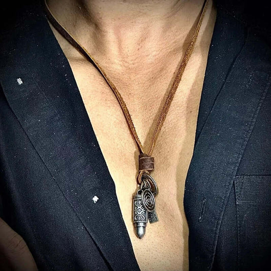 THE MEN THING Leather Necklace ANYTHING FOR YOU BROWN - Vintage Alloy Gold Bullet Pendant with Adjustable Pure Leather Cord Necklace for Men & Boys