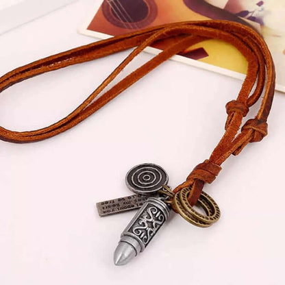 THE MEN THING Leather Necklace ANYTHING FOR YOU SILVER - Vintage Alloy Silver Bullet Pendant with Adjustable Pure Leather Cord Necklace for Men & Boys
