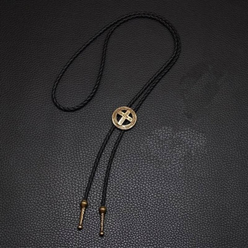 THE MEN THING Leather Necklace ASTRA FAITH - Retro Alloy Pendant Bolo Tie | Adjustable Genuine Leather Cowboy Necktie Necklace for Men & Boys