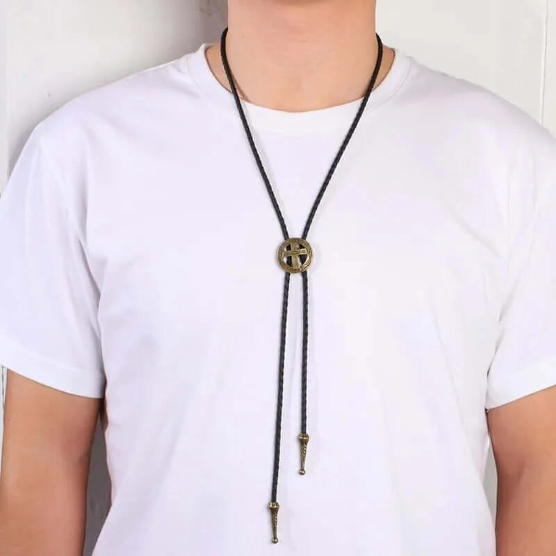 THE MEN THING Leather Necklace ASTRA FAITH - Retro Alloy Pendant Bolo Tie | Adjustable Genuine Leather Cowboy Necktie Necklace for Men & Boys