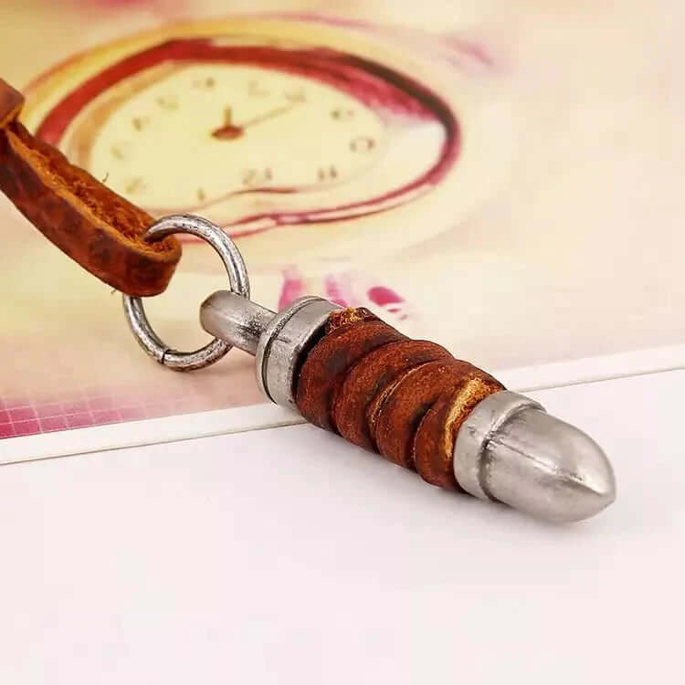 THE MEN THING Leather Necklace BULLETWRAP BROWN - Vintage Alloy Bullet Pendant with Adjustable Pure Leather Cord Necklace for Men & Boys