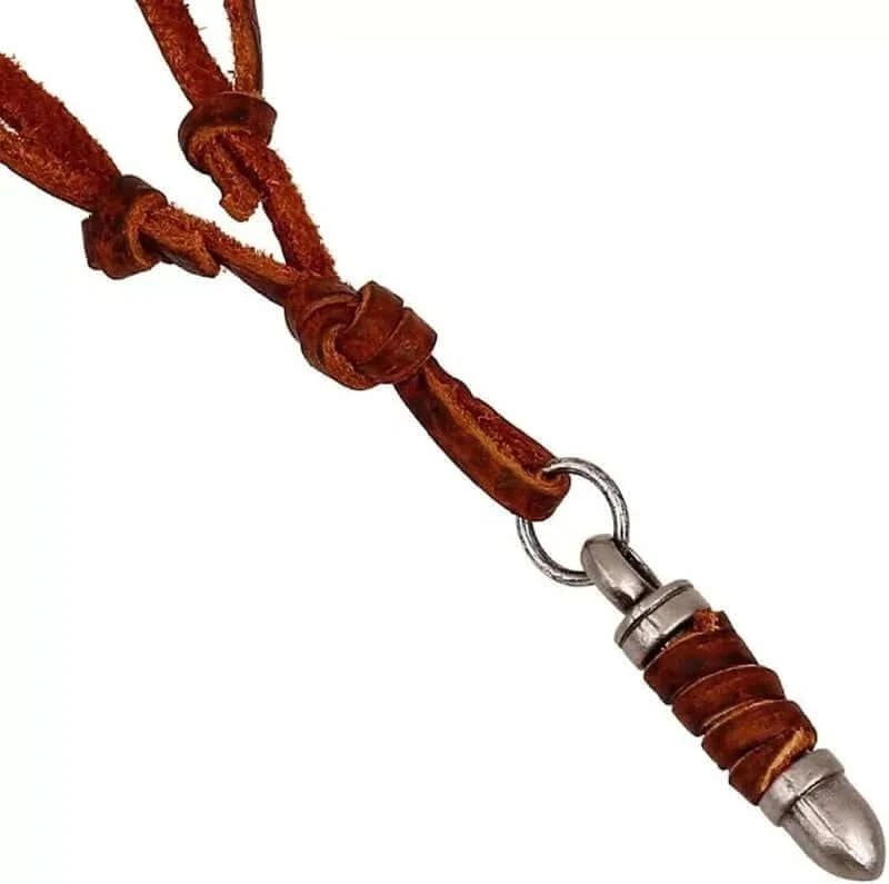 THE MEN THING Leather Necklace BULLETWRAP BROWN - Vintage Alloy Bullet Pendant with Adjustable Pure Leather Cord Necklace for Men & Boys