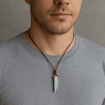 THE MEN THING Leather Necklace CARIBBEAN CALCITE - Natural Crystal Unshaped Pendant with Adjustable Rope Chain for Men and Boys