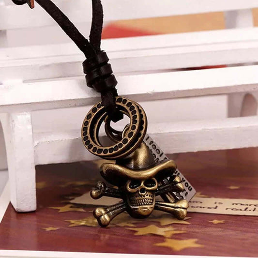 THE MEN THING Leather Necklace COWBOY SKULL  - Vintage Alloy Hat Skull Pendant with Adjustable Pure Leather Cord Necklace for Men & Boys