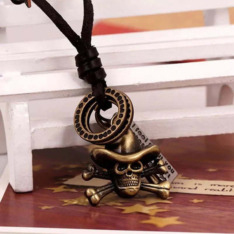 THE MEN THING Leather Necklace COWBOY SKULL  - Vintage Alloy Hat Skull Pendant with Adjustable Pure Leather Cord Necklace for Men & Boys