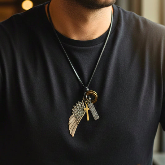 THE MEN THING Leather Necklace CROSSWING RELIC – 3-Inch Pure Stainless Steel Pendant with  Adjustable Leather Rope for Men & Boys