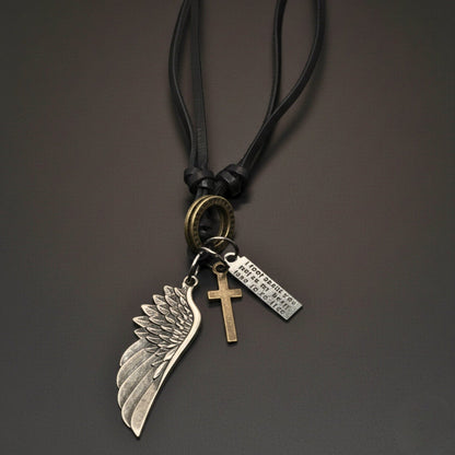 THE MEN THING Leather Necklace CROSSWING RELIC – 3-Inch Pure Stainless Steel Pendant with  Adjustable Leather Rope for Men & Boys