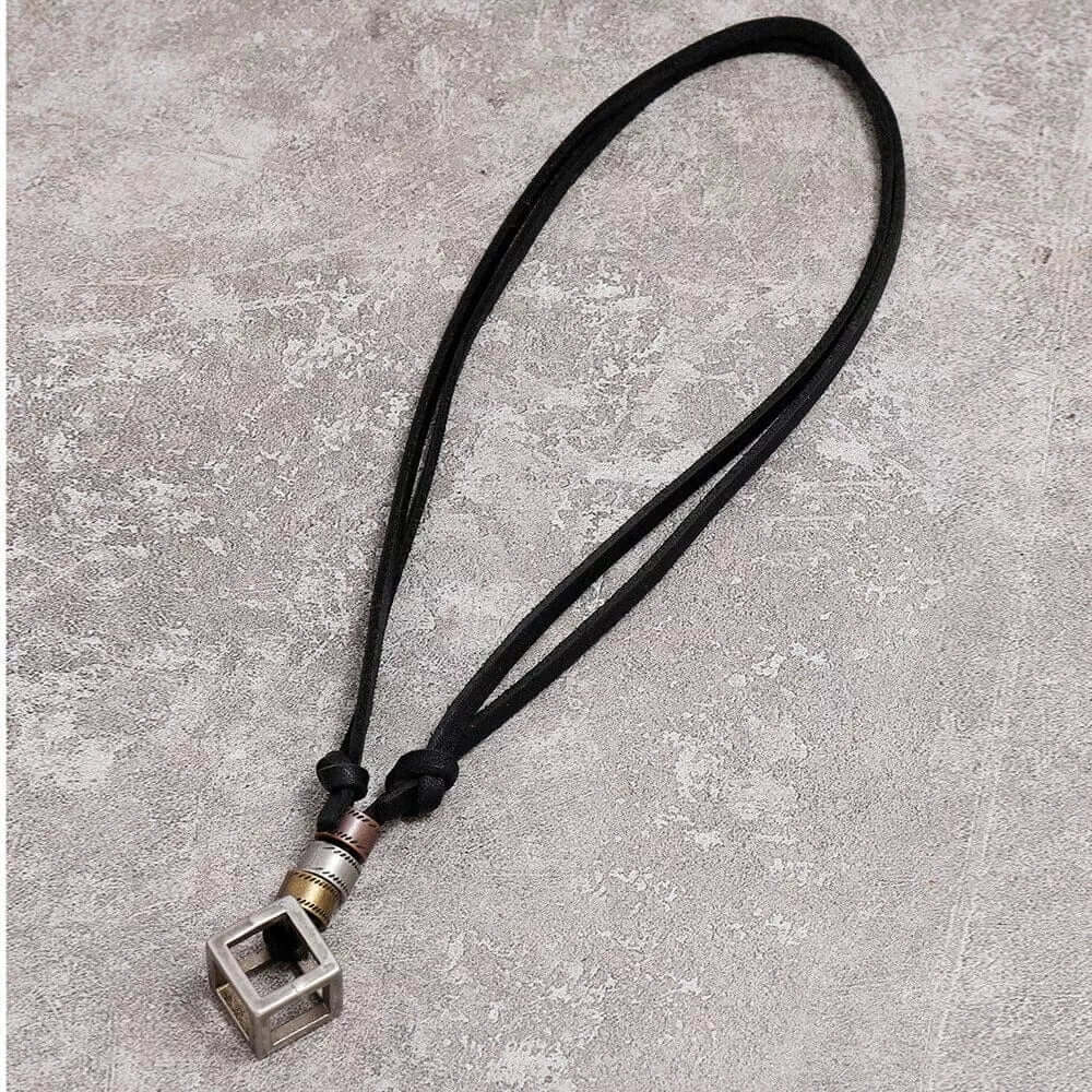 THE MEN THING Leather Necklace CUBICANO BLACK - Vintage Alloy Cubical Pendant with Adjustable Pure Black Leather Cord Necklace for Men & Boys