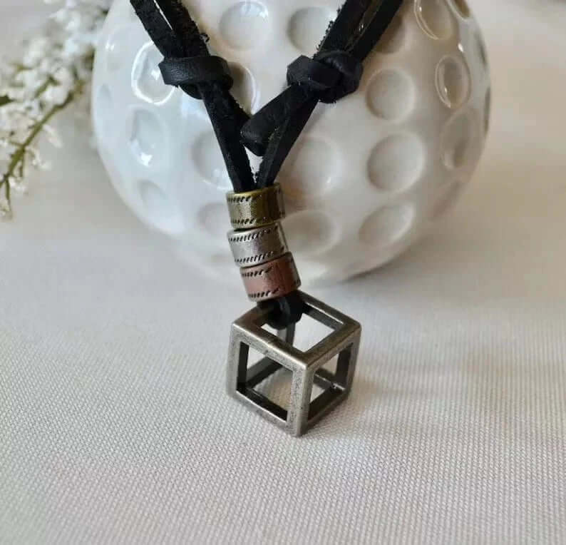 THE MEN THING Leather Necklace CUBICANO BLACK - Vintage Alloy Cubical Pendant with Adjustable Pure Black Leather Cord Necklace for Men & Boys