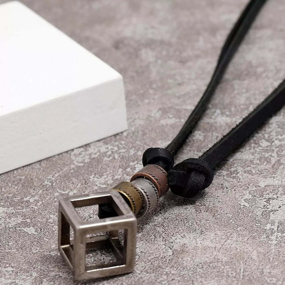 THE MEN THING Leather Necklace CUBICANO BLACK - Vintage Alloy Cubical Pendant with Adjustable Pure Black Leather Cord Necklace for Men & Boys