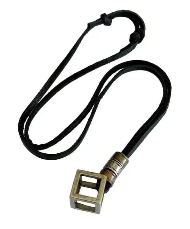 THE MEN THING Leather Necklace CUBICANO BLACK - Vintage Alloy Cubical Pendant with Adjustable Pure Black Leather Cord Necklace for Men & Boys