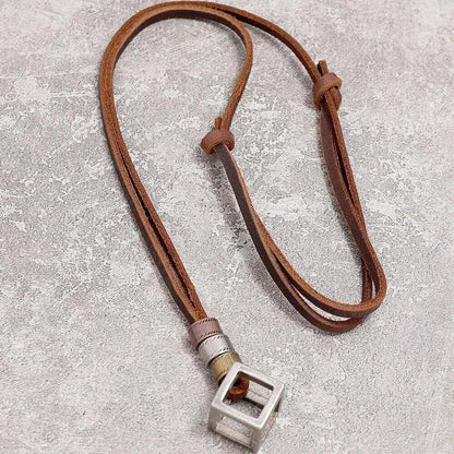 THE MEN THING Leather Necklace CUBICANO BROWN - Vintage Alloy Cube Pendant with Adjustable Pure Leather Cord Necklace for Men & Boys